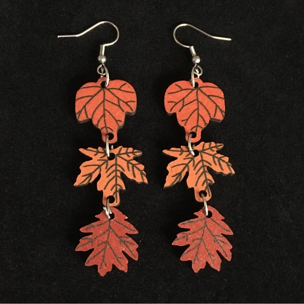 Autumn Themed Wooden Leaf Dangle Earrings